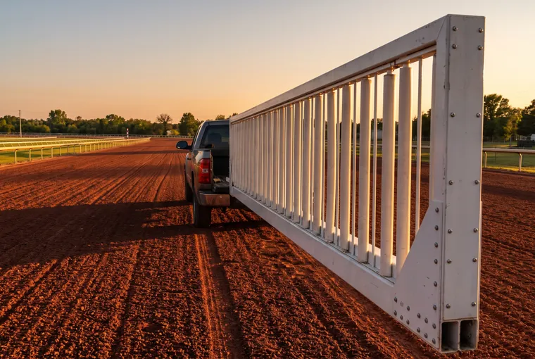 Illustration: the long folded-out white wing of a mobile starting gate stretching across an empty reddish track from the back of a pickup truck at sunset.